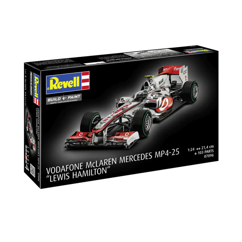 Revell-Bausatzbox des Vodafone McLaren Mercedes MP4-25 F1-Autos, Aufdruck: Lewis Hamilton.