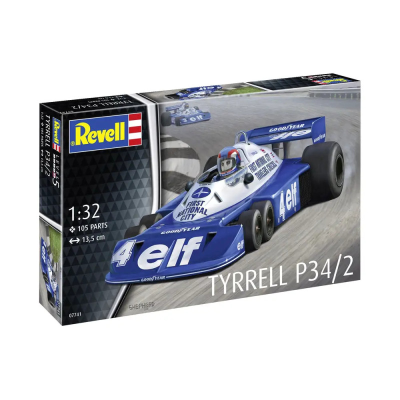 Revell Bausatz eines Tyrrell P34/2 Rennwagens, Maßstab 1:32, mit 105 Teilen auf der Box abgebildet.