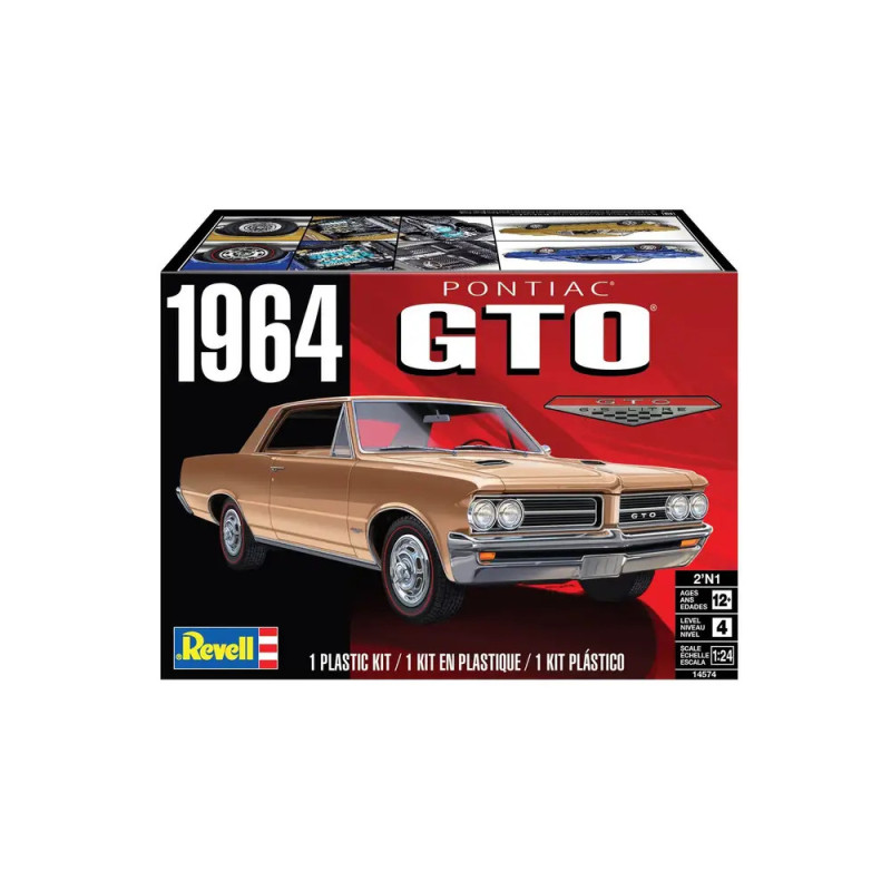 Revell-Bausatzbox des 1964 Pontiac GTO mit Abbildung des klassischen Autos auf der Vorderseite. Revell-Bausatzbox des 1964 Pontiac GTO mit Abbildung des klassischen Autos auf der Vorderseite.