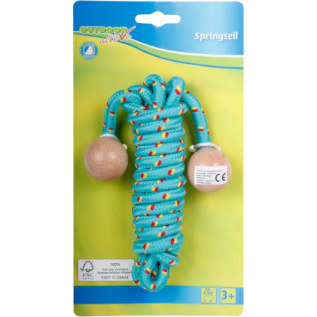 Blaues Springseil mit roten und gelben Akzenten, Holzgriffen, für Kinder ab 3 Jahren geeignet.