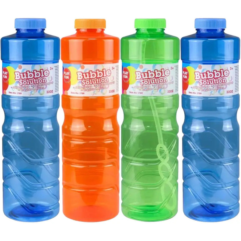 Vier Flaschen Seifenblasenlösung in Blau, Orange und Grün mit bunten Etiketten.