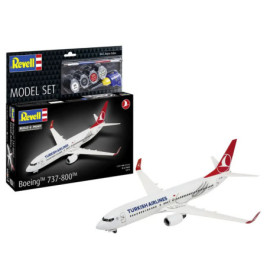 Revell-Set mit Box und gebautem Turkish Airlines 737-800 Modellflugzeug vor weißem Hintergrund.