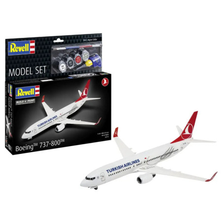 Revell-Set mit Box und gebautem Turkish Airlines 737-800 Modellflugzeug vor weißem Hintergrund.