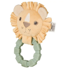 Plüsch-Löwen-Babygreifling mit weicher Mähne und grünem, strukturiertem Beißring-Griff.