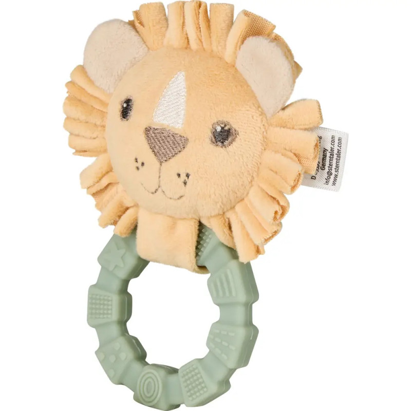 Plüsch-Löwen-Babygreifling mit weicher Mähne und grünem, strukturiertem Beißring-Griff.