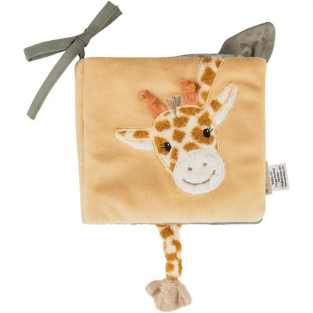 Weiches Babybuch mit lächelnder Giraffe, 3D-Ohren, Hörnern, Schwanz und Stoffband.