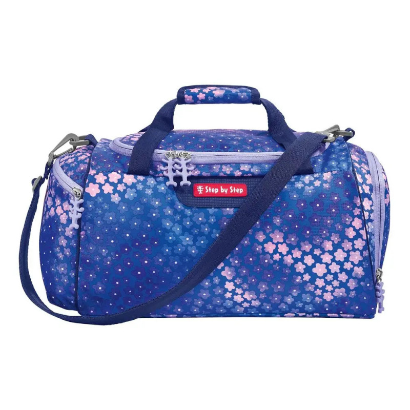 Blaue Sporttasche mit rosa-weißen Blumen, lilafarbenen Reißverschlüssen und Schultergurt. Blaue Sporttasche mit rosa-weißen Blumen, lilafarbenen Reißverschlüssen und Schultergurt.