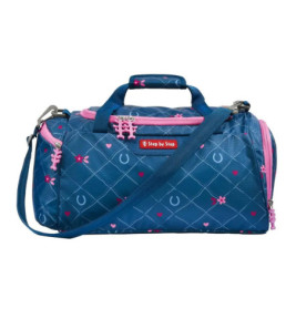 Blau-rosa Sporttasche mit Herz- und Hufeisenmuster, Tragegriffen und Schultergurt.