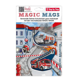 Verpackung der Magic Mags mit Feuerwehr-Motiven und einer Cartoon-Stadt-Feuerwehrszene im Hintergrund.