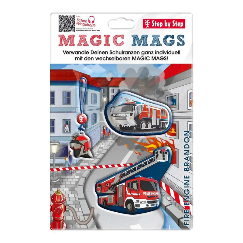 Verpackung der Magic Mags mit Feuerwehr-Motiven und einer Cartoon-Stadt-Feuerwehrszene im Hintergrund. Verpackung der Magic Mags mit Feuerwehr-Motiven und einer Cartoon-Stadt-Feuerwehrszene im Hintergrund.