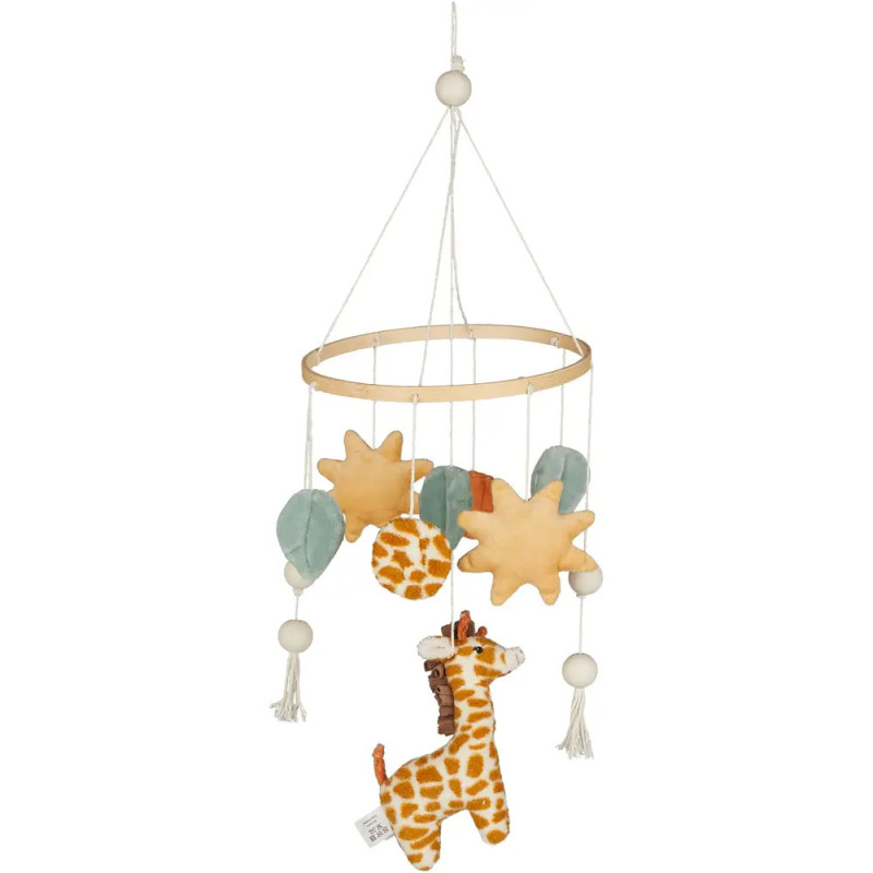 Baby-Mobil mit Plüschgiraffe, gelben Sternen, grünen Kreisen und weißen Perlen am Rundrahmen.