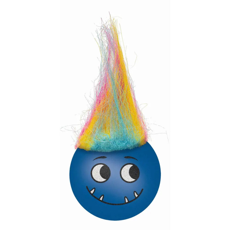 Blaues, rundes Spielzeug mit Comic-Augen, lachendem Mund und hohem, buntem Plüschhaar obendrauf.