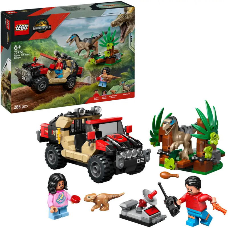 LEGO Jurassic World Set mit Geländewagen, Dinosauriern, Pflanzen, zwei Minifiguren und Box im Hintergrund. LEGO Jurassic World Set mit Geländewagen, Dinosauriern, Pflanzen, zwei Minifiguren und Box im Hintergrund.