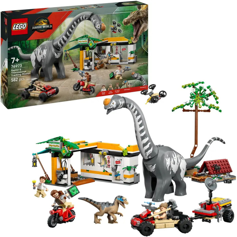 LEGO Jurassic World Set mit Dinosaurier-, Fahrzeug- und Minifiguren sowie einem Gebäude auf der Box. LEGO Jurassic World Set mit Dinosaurier-, Fahrzeug- und Minifiguren sowie einem Gebäude auf der Box.