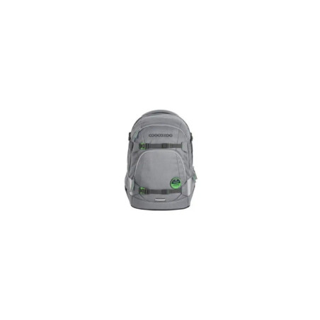 Grauer Rucksack mit grünen Akzenten, von vorne auf weißem Hintergrund.