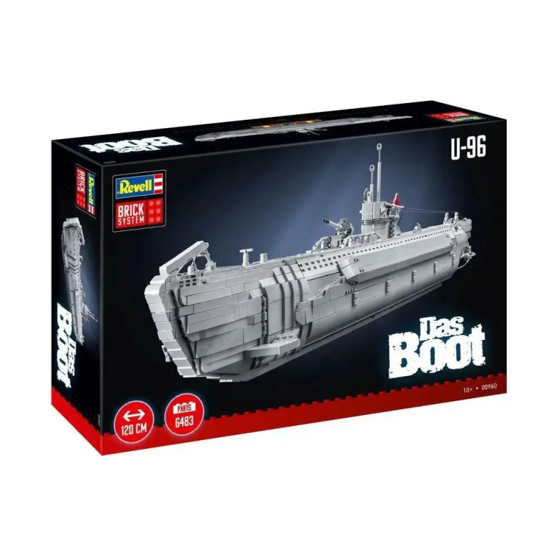 Revell Das Boot U-96 Bausatz mit Abbildung eines grauen U-Boots aus Bausteinen auf der Verpackung. Revell Das Boot U-96 Bausatz mit Abbildung eines grauen U-Boots aus Bausteinen auf der Verpackung.