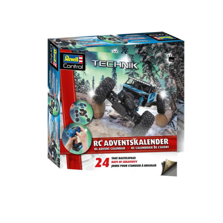 Revell Technik RC Adventskalender mit Offroad-Auto in verschneiter Waldlandschaft auf der Box.