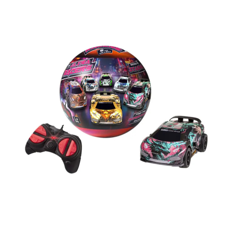 Schwarzes, buntes ferngesteuertes Auto mit Controller und runder Box mit Abbildungen verschiedener Rennwagen.