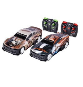 Zwei ferngesteuerte Spielzeugautos mit buntem Design und passenden schwarzen Controllern.