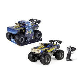 Blauer und gelber ferngesteuerter Monstertruck mit großen Reifen, samt Fernbedienung und Verpackung.