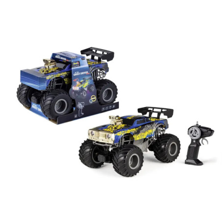 Blauer und gelber ferngesteuerter Monstertruck mit großen Reifen, samt Fernbedienung und Verpackung.