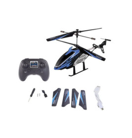 Blauer und schwarzer ferngesteuerter Hubschrauber mit Fernbedienung, Ersatzteilen und Ladekabel.