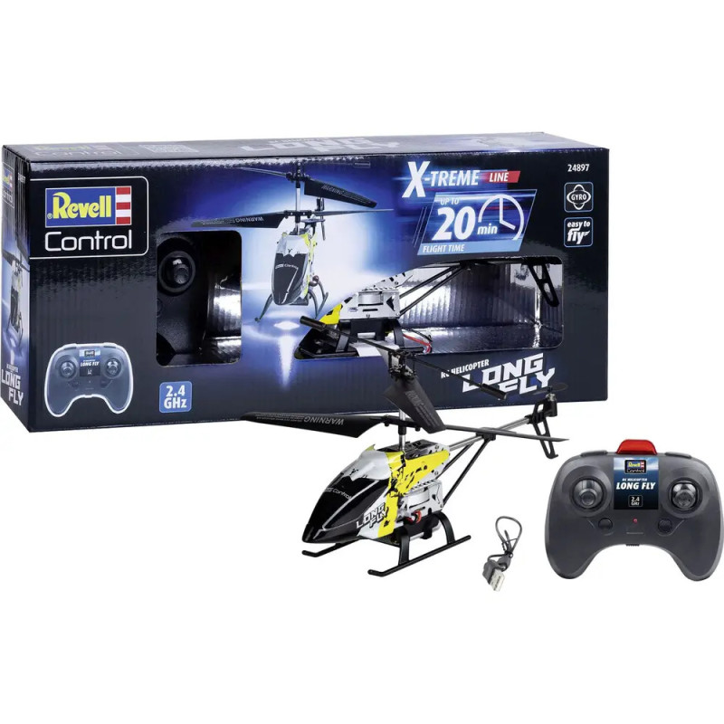 Revell RC-Helikopter-Set mit Helikopter, Controller und Verpackung, die 20 Minuten Flugzeit zeigt. Revell RC-Helikopter-Set mit Helikopter, Controller und Verpackung, die 20 Minuten Flugzeit zeigt.