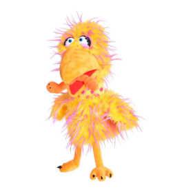 Gelbe und pinke, flauschige Vogelhandpuppe mit großem Schnabel, langen Beinen und ausdrucksstarken Augen.
