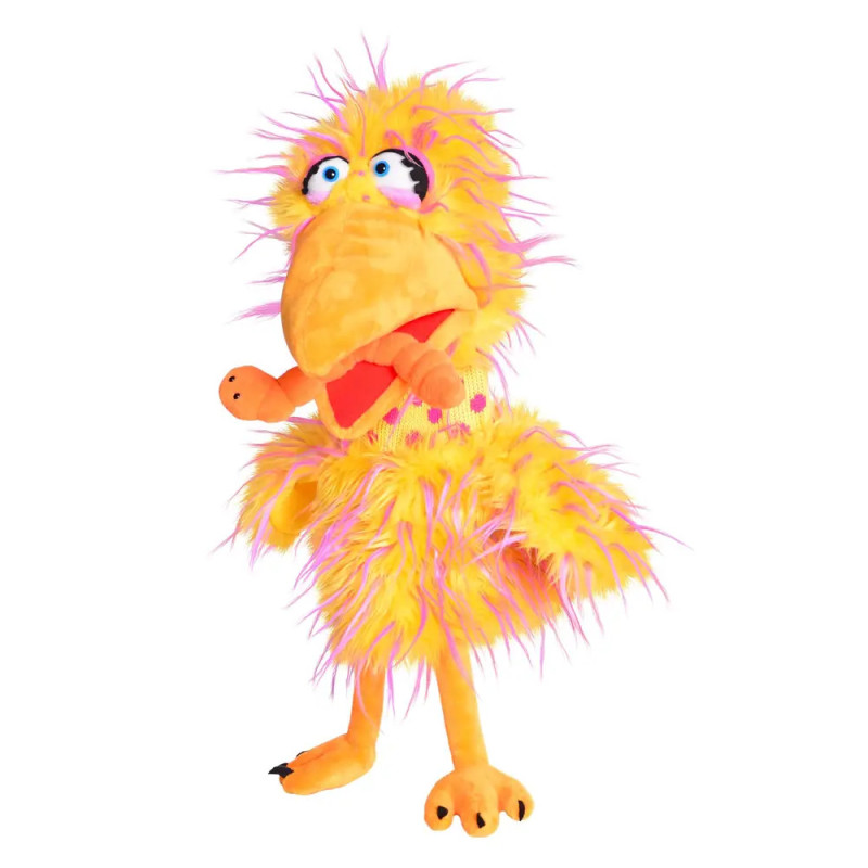 Gelbe und pinke, flauschige Vogelhandpuppe mit großem Schnabel, langen Beinen und ausdrucksstarken Augen.