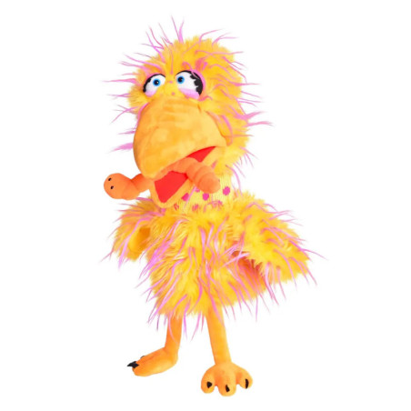 Gelbe und pinke, flauschige Vogelhandpuppe mit großem Schnabel, langen Beinen und ausdrucksstarken Augen.