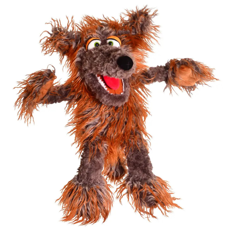 Braune und graue zottelige Puppe mit großen Augen, offenem Mund und ausgebreiteten Armen vor weißem Hintergrund. Braune und graue zottelige Puppe mit großen Augen, offenem Mund und ausgebreiteten Armen vor weißem Hintergrund.