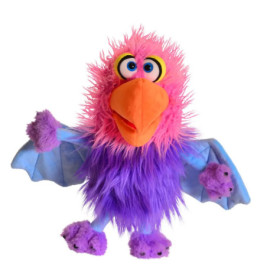Bunter Handpuppenvogel mit rosa-lila Fell, blauen Flügeln und großem orangen Schnabel vor weißem Hintergrund.