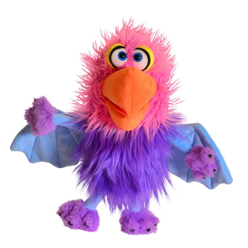 Bunter Handpuppenvogel mit rosa-lila Fell, blauen Flügeln und großem orangen Schnabel vor weißem Hintergrund.