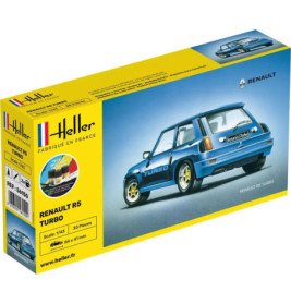 Heller Renault R5 Turbo Modellbausatz mit blauer Autoabbildung auf der Vorderseite der Schachtel.