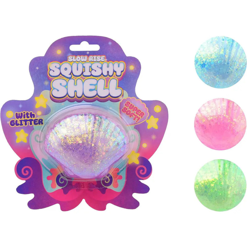 Buntes, glitzerndes Muschelspielzeug in lila Verpackung, erhältlich in Blau, Pink und Grün.