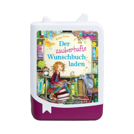 Deutsches Hörbuchgerät mit Der zauberhafte Wunschbuchladen, illustriertem Mädchen und Katze.