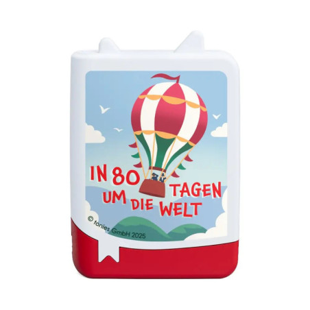 Kinder-Hörbox mit Heißluftballon-Illustration und dem Schriftzug In 80 Tagen um die Welt.