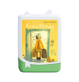 Tonie-Figur Und plötzlich war Frau Honig da mit Frau in gelbem Mantel und Koffer auf dem Cover.