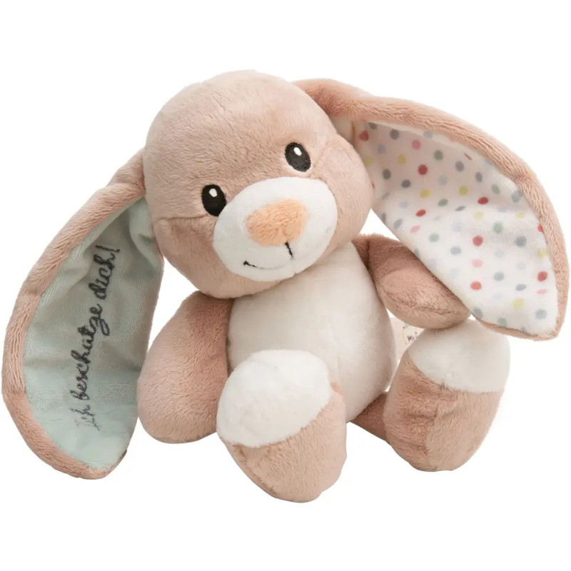 Plüschhase mit Schlappohren, eines mit Punkten, das andere mit Schrift versehen.