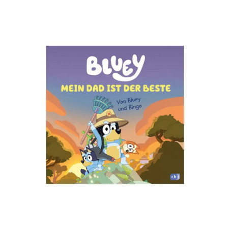 Bluey, Bingo und ihr Vater stehen mit Werkzeugen bei Sonnenuntergang auf einem Hügel. Der Text ist auf Deutsch.
