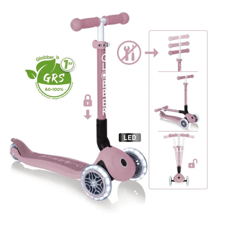 Pinkes Dreirad-Kinderscooter mit höhenverstellbarem Lenker, LED-Rädern, klappbar und GRS-zertifiziert. Pinkes Dreirad-Kinderscooter mit höhenverstellbarem Lenker, LED-Rädern, klappbar und GRS-zertifiziert.
