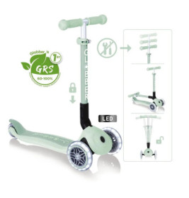 Mintgrüner Kinderroller mit drei Rädern, verstellbarem Lenker und leuchtenden LED-Rädern.
