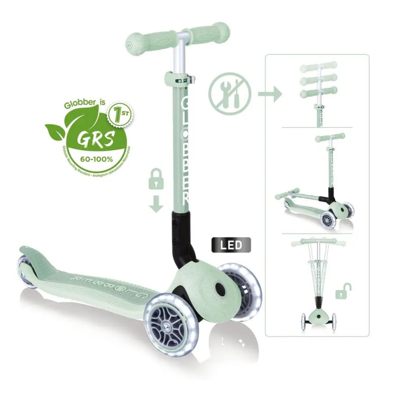 Mintgrüner Kinderroller mit drei Rädern, verstellbarem Lenker und leuchtenden LED-Rädern.