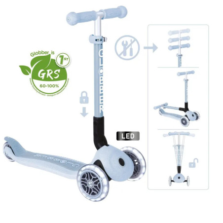 Weiß-grauer Kinderroller mit LED-Rädern, verstellbarem Lenker und GRS-Umweltzertifikat.