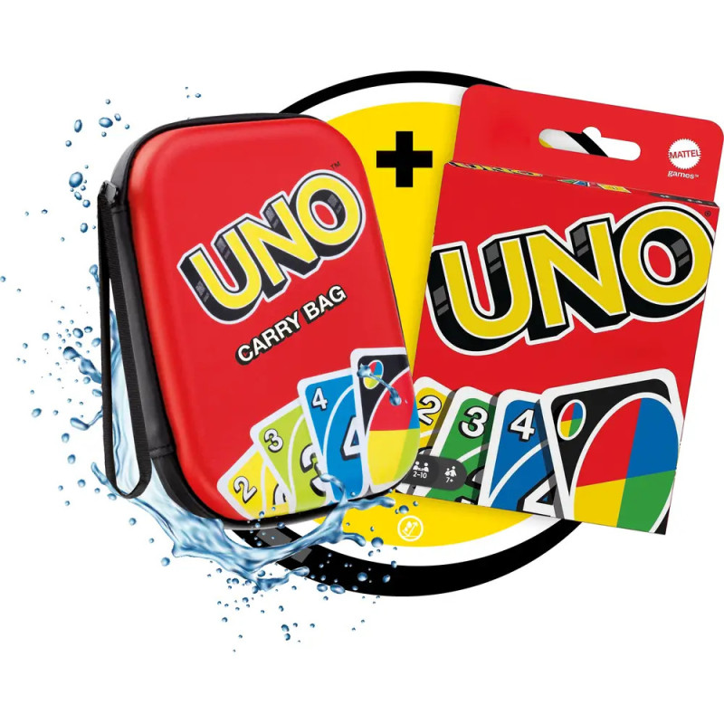 Rote UNO-Tragetasche und Kartenset mit Spielkarten, im Hintergrund Wasserspritzer.