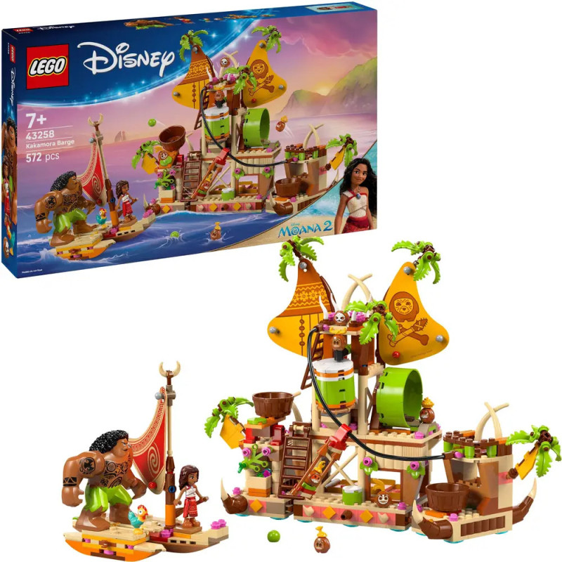 LEGO Disney Moana 2 Set mit Boot, Moana und Maui, 572 Teile, Box im Hintergrund sichtbar. LEGO Disney Moana 2 Set mit Boot, Moana und Maui, 572 Teile, Box im Hintergrund sichtbar.