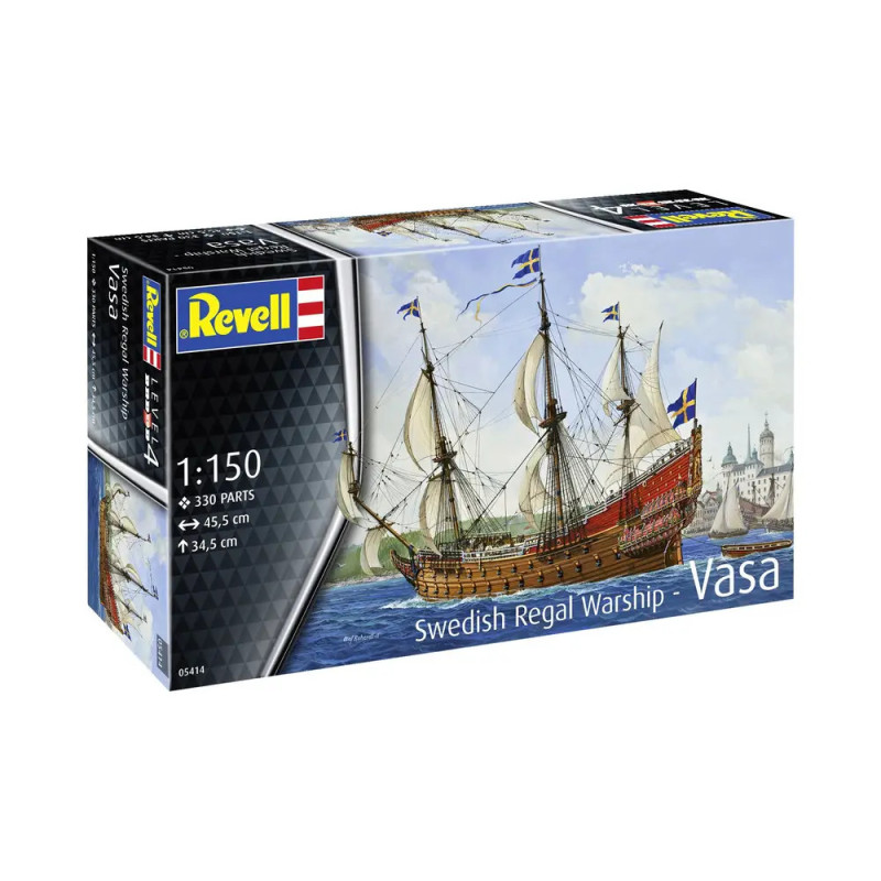 Revell-Bausatz der schwedischen Galeone Vasa mit Segeln und schwedischen Flaggen auf dem Karton. Revell-Bausatz der schwedischen Galeone Vasa mit Segeln und schwedischen Flaggen auf dem Karton.