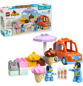 LEGO Duplo Bluey Eisdiele mit Figuren, Eiswaffeln, Kasse und orangem Auto.