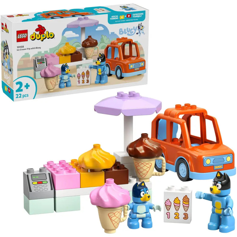 LEGO Duplo Bluey Eisdiele mit Figuren, Eiswaffeln, Kasse und orangem Auto. LEGO Duplo Bluey Eisdiele mit Figuren, Eiswaffeln, Kasse und orangem Auto.