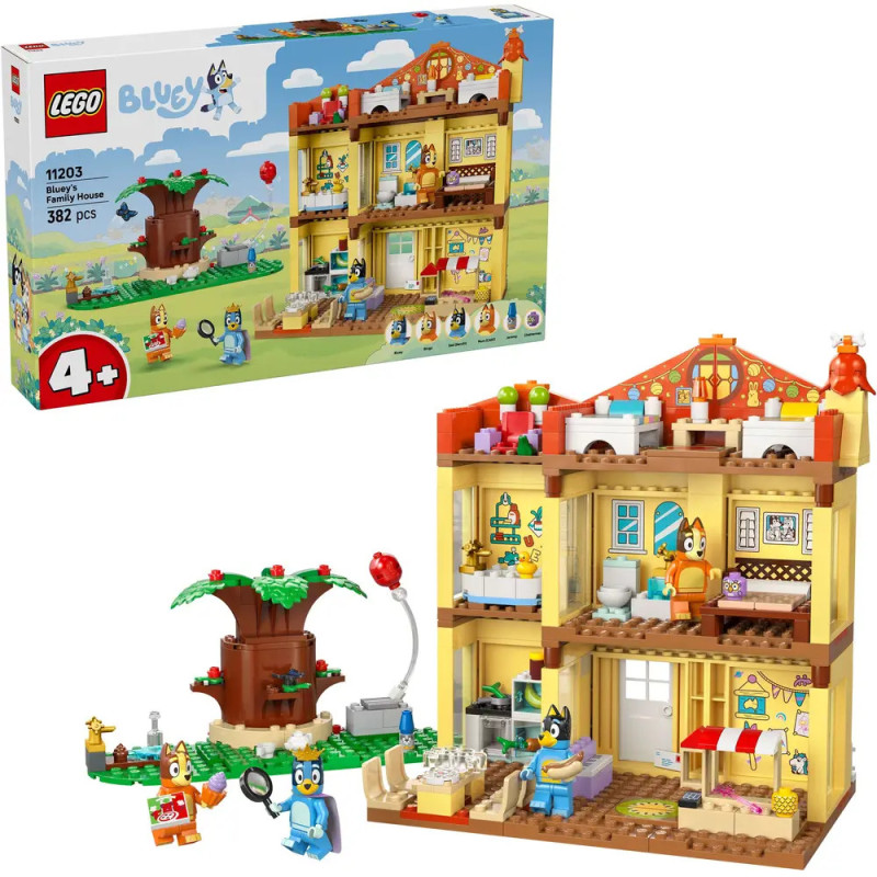 LEGO Bluey Familienhaus mit 382 Teilen, inklusive Haus, Baum, Zubehör und Bluey Figuren. LEGO Bluey Familienhaus mit 382 Teilen, inklusive Haus, Baum, Zubehör und Bluey Figuren.